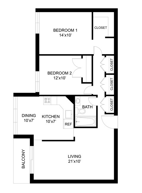 Floor plan for 2 beds, 1 bath, 960 sqft